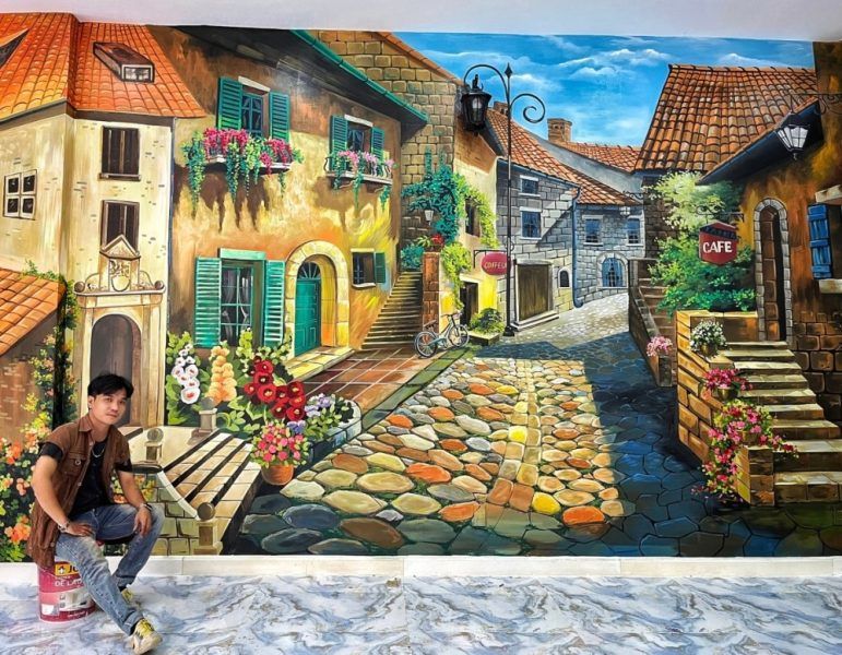 Mẫu 11: Mẫu tranh vẽ tường khung cảnh đường phố cho quán trà sữa thêm đẹp