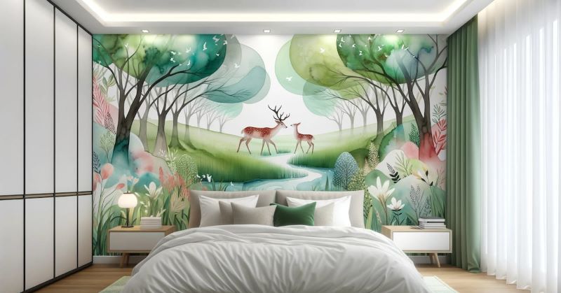 Tranh vẽ tường phòng ngủ họa tiết mẹ con nhà hươu trong rừng