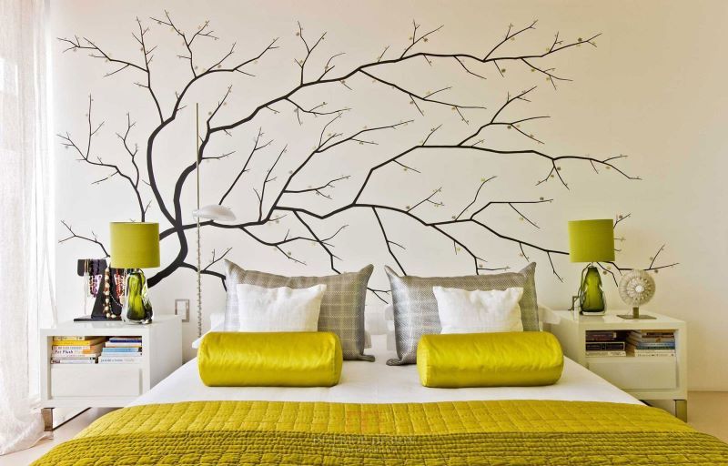 Mẫu tranh tường họa tiết cành cây độc đáo ở phòng ngủ