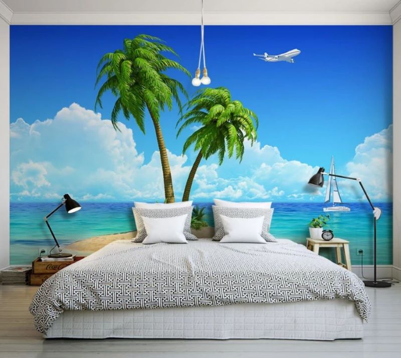 Mẫu vẽ tranh tường phòng ngủ cảnh biển xanh rộng lớn 