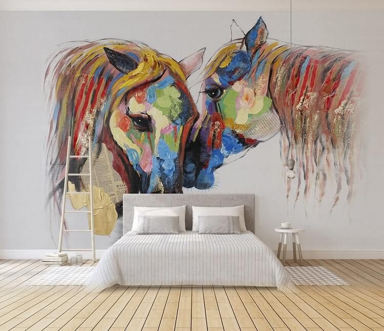 Mẫu tranh tường phòng ngủ đôi ngựa phong cách trừu tượng độc đáo
