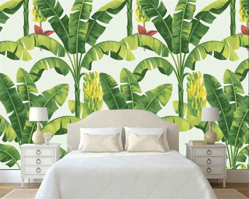 Phòng ngủ ngập tràn sắc xanh với mẫu tranh vẽ tường vườn chuối