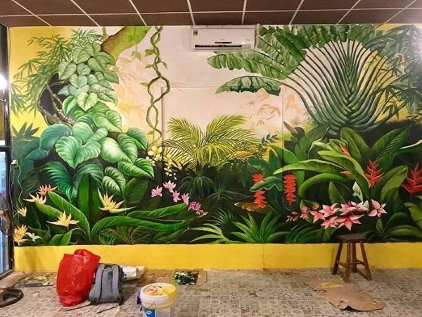 Mẫu vẽ tranh tường nội thất hoa lá nhiệt đới