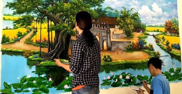 Tranh tường làng quê do Mỹ Thuật Việt 24h vẽ luôn khiến mọi khách hàng hài lòng