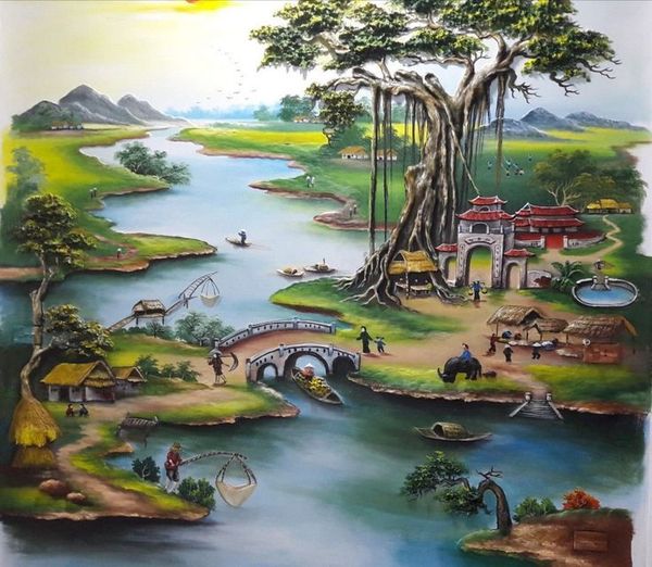 Tranh phù điêu xi măng làng quê Việt