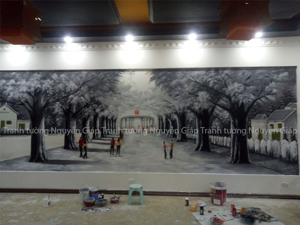Vẽ tranh tường hai hàng cây đen trắng đẹp nhất tại Hà Nội