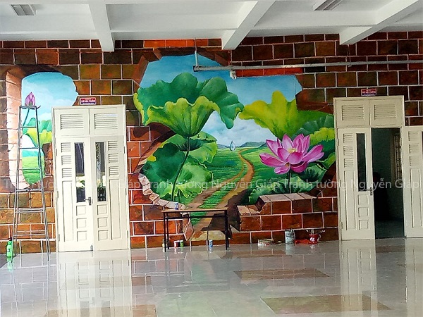 Vẽ tranh tường hoa sen tại trường học